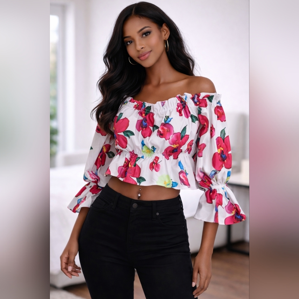 ChicMe Floral Off-Shoulder Crop Top Puff Sleeve Size M